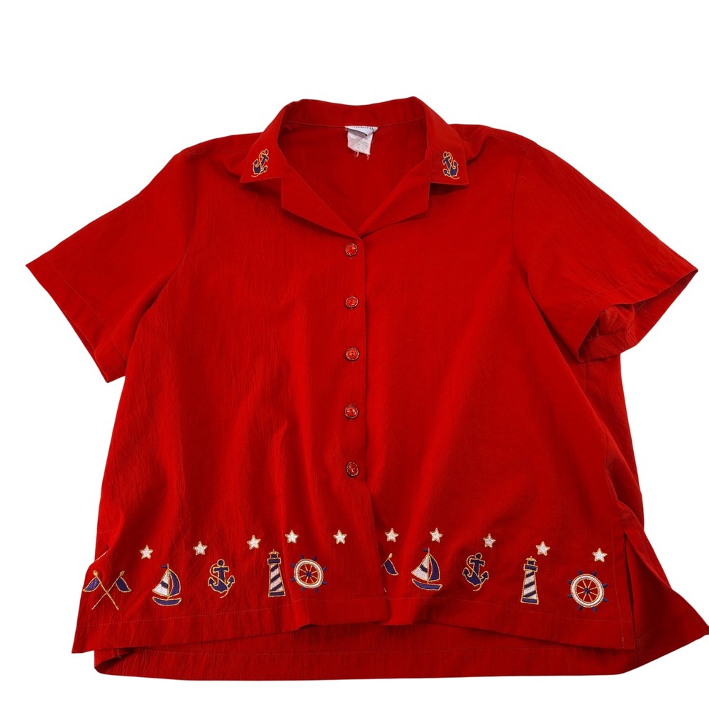 BonWorth Red Nautical Embroidered Button Front Shirt Petite‎ Large Short Sleeve